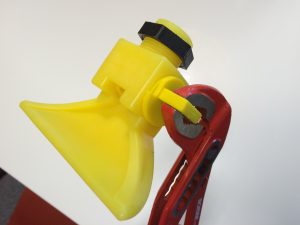Meister ¾” PU nozzles with quick cleanout system.